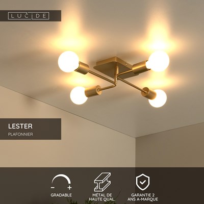 Lucide LESTER - Plafonnier - 4xE27 - Or Mat / Laiton
